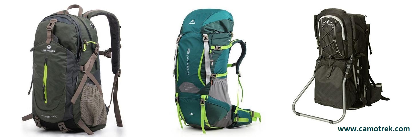 Three different hiking backpacks - day pack, internal frame pack, and external frame pack